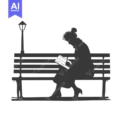 Silhouette of Woman Reading on a Bench with a Lamppost