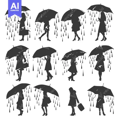 Silhouette of Women Walking in the Rain with Umbrellas