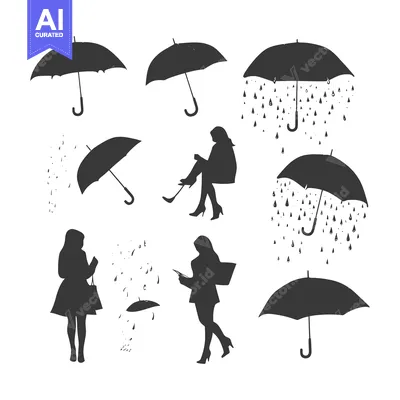 Silhouette of Women with Umbrellas and Raindrops