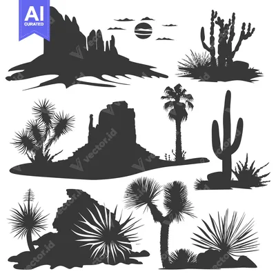 Aset desain premium: Silhouette Set of Desert Plants and Rocks