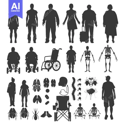 Aset desain premium: Silhouette Set of Human Figures, Skeletons, and Body Parts