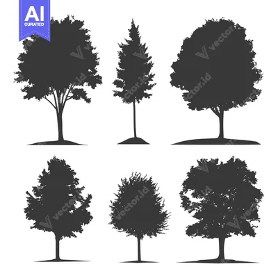Premium design asset: Silhouette Set of Six Different Trees with White Background