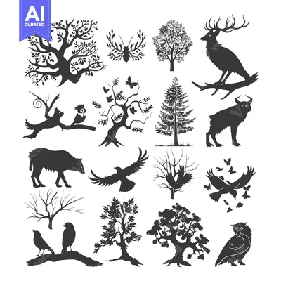 Silhouette Set of Trees, Birds, and Animals in a Forest