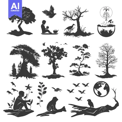 Premium design asset: Silhouette Set of Trees, Birds, and Animals in a Natural Setting