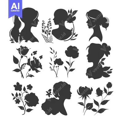 Popular premium asset: Silhouette Set of Women's Profiles with Floral Elements