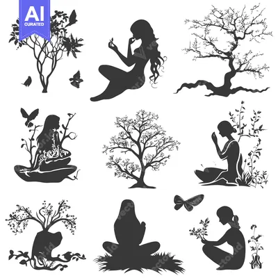 Silhouette Set of Women, Trees, and Birds in Nature