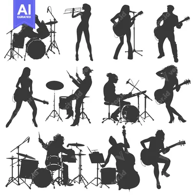 Aset premium populer: Silhouettes of a Band Playing Instruments on a Stage