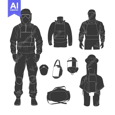 Aset desain premium: Silhouettes of a Bomb Squad Team Member and Their Protective Gear