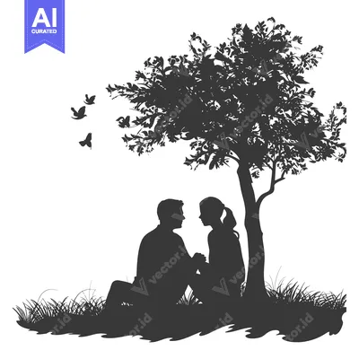 Silhouettes of a couple in love under a tree with birds flying