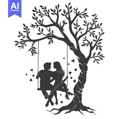 Aset desain premium: Silhouettes of a Couple on a Swing Under a Tree with Hearts