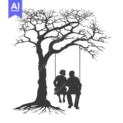 Silhouettes of a Couple Sitting on a Swing Hanging from a Bare Tree
