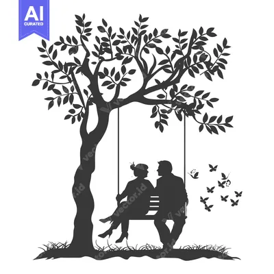 Silhouettes of a Couple Sitting on a Swing Under a Tree