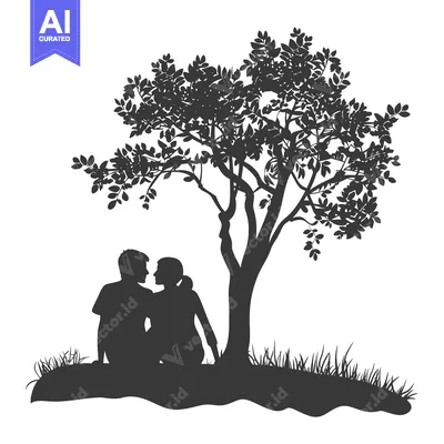 Silhouettes of a Couple Sitting Under a Tree
