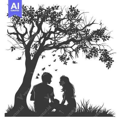 Silhouettes of a Couple Sitting Under a Tree with Birds Flying Around