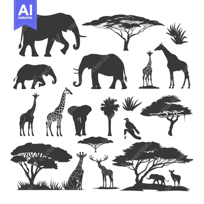 Silhouettes of African Animals and Trees