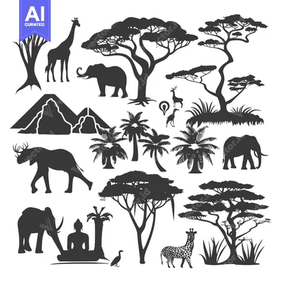 Silhouettes of African Wildlife and Flora