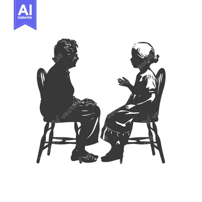 Silhouettes of a grandmother and granddaughter seated and talking.