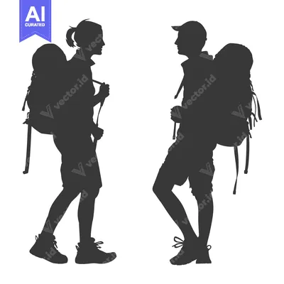Aset premium populer: Silhouettes of a Man and Woman with Backpacks