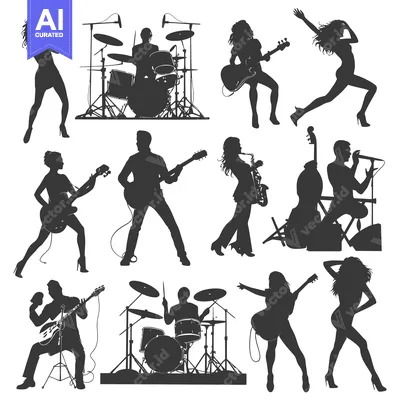 Aset premium populer: Silhouettes of a Rock Band Performing on Stage