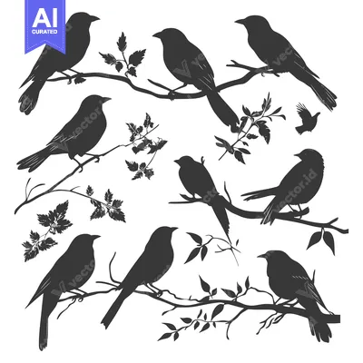 Popular premium asset: Silhouettes of birds perched on branches with leaves
