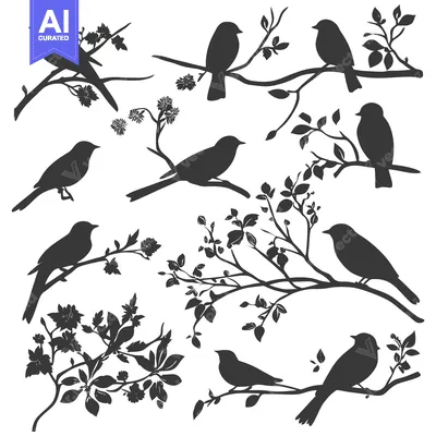 Silhouettes of Birds Perched on Branches with Leaves and Flowers