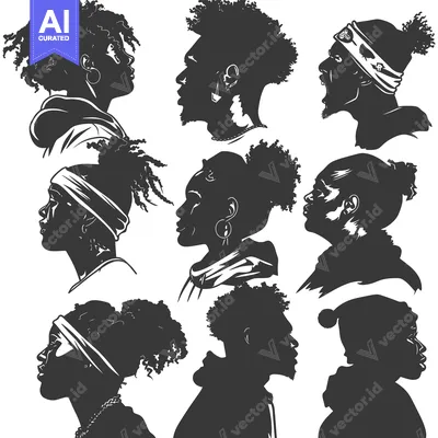 Aset premium populer: Silhouettes of Black People with Different Hairstyles and Accessories