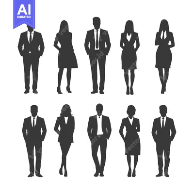 Silhouettes of Business Professionals in Suits and Dresses