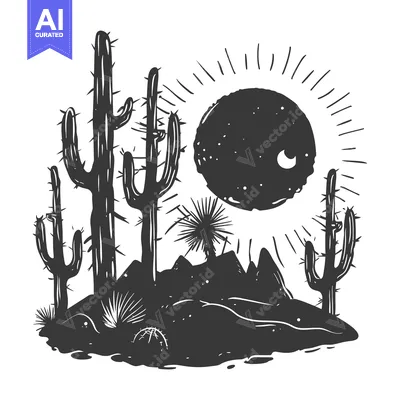 Silhouettes of Cacti in a Desert Landscape Under a Starry Night Sky