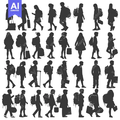 Aset premium populer: Silhouettes of Children Carrying Backpacks and Bags