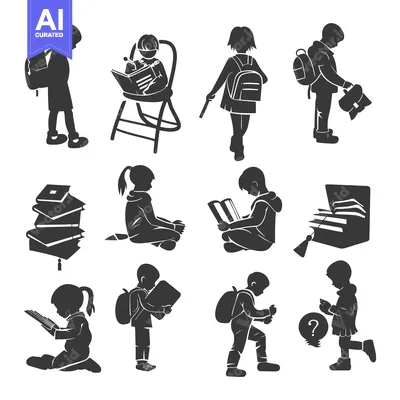 Aset desain premium: Silhouettes of Children Engaged in Various School-Related Activities