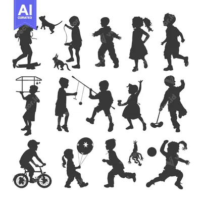 Aset desain premium: Silhouettes of Children Engaging in Various Activities