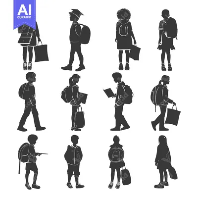 Silhouettes of Children in School Uniforms with Backpacks and Bags