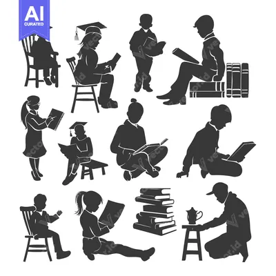 Silhouettes of Children Reading and Studying