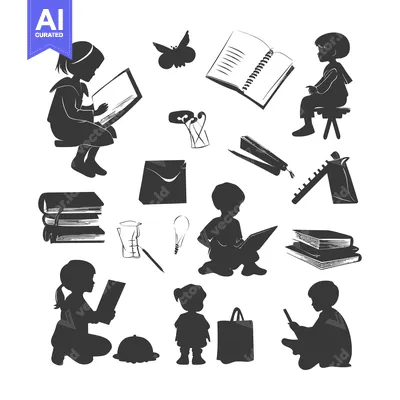 Silhouettes of Children Reading with School Supplies