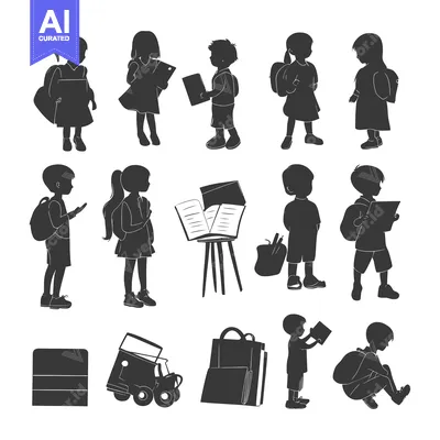 Premium design asset: Silhouettes of Children with Backpacks, Books, and School Supplies