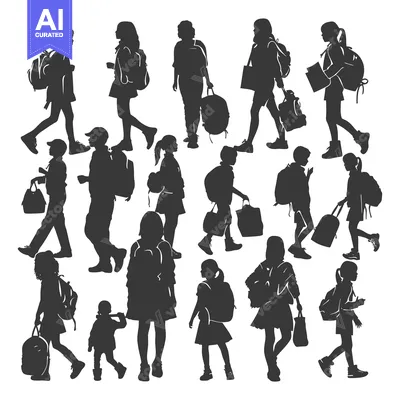 Aset desain premium: Silhouettes of Children with Backpacks Walking