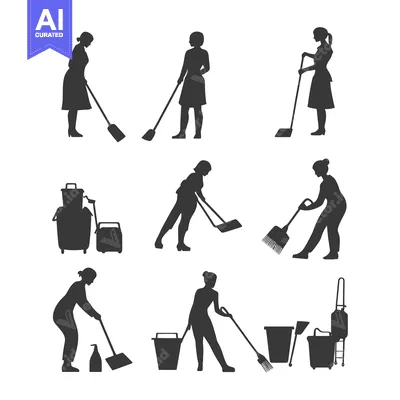 Premium design asset: Silhouettes of Cleaning Ladies with Cleaning Equipment