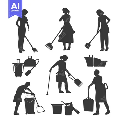 Silhouettes of Cleaning Ladies with Supplies