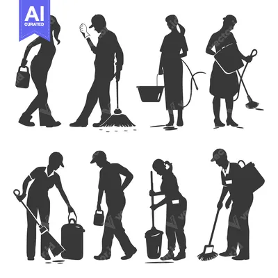 Silhouettes of cleaning personnel using various cleaning equipment