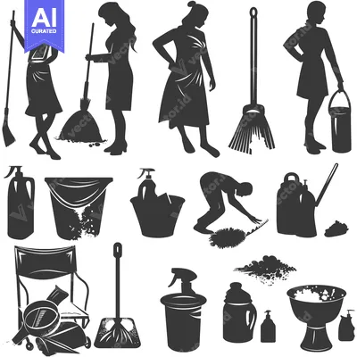 Silhouettes of Cleaning Supplies and People Cleaning