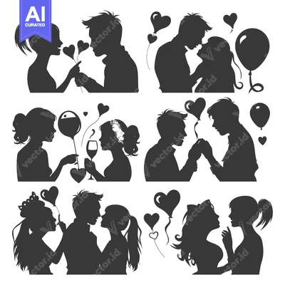 Aset premium populer: Silhouettes of couples in love with heart balloons