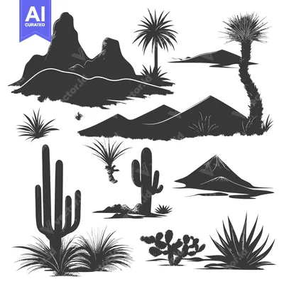 Aset premium populer: Silhouettes of Desert Plants and Mountains
