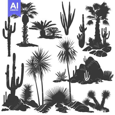 Premium design asset: Silhouettes of Desert Plants and Rocks