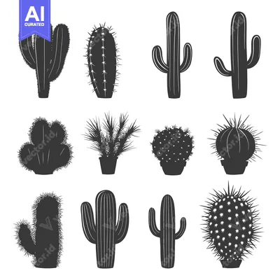 Aset desain premium: Silhouettes of Different Types of Cacti