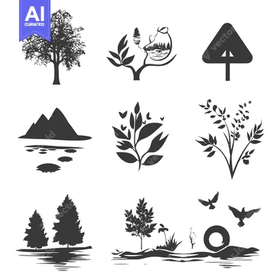Silhouettes of Different Types of Trees and Plants