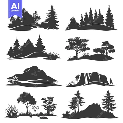 Silhouettes of Diverse Landscapes with Trees, Hills, and Rocks