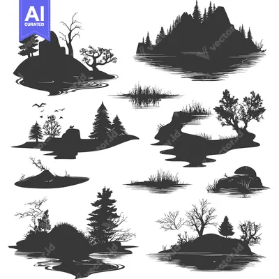 Silhouettes of Diverse Landscapes with Trees, Rocks, and Water