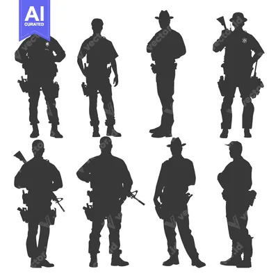 Aset desain premium: Silhouettes of Eight Armed Security Personnel in Various Poses