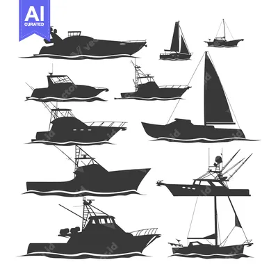 Aset desain premium: Silhouettes of Eight Boats on the Water