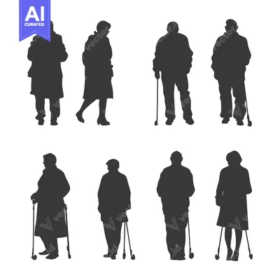 Aset premium populer: Silhouettes of Eight Elderly People Walking with Canes